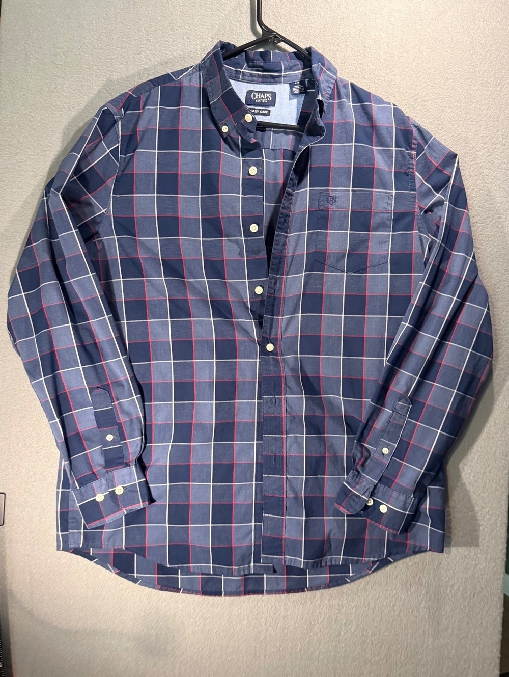 Chaps Men's Long Sleeve Button-Down Plaid Shirt Navy Blue Size L